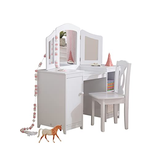 KidKraft Juego de tocador de maquillaje infantil Deluxe con espejo y espacio de almacenamiento y silla de madera, muebles para salas de juego y dormitorio de niños (13018)