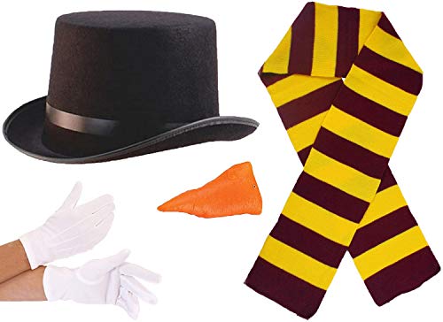 Kit de accesorios para disfraz de nieve de adulto para disfraz de nieve – sombrero negro + nariz de zanahoria + guantes blancos + bufanda de nieve a rayas (pinza y bufanda dorada)