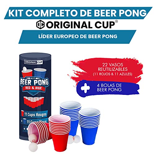 Kit Oficial Original Beer Pong | Juego de Copas + Bolas Beer Pong | 22 Tazas (11 Rojas y 11 Azules) | 4 Bolas | Vasos Reutilizables | OriginalCup®