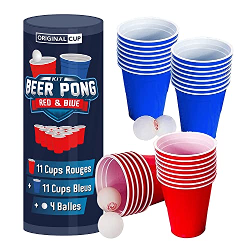 Kit Oficial Original Beer Pong | Juego de Copas + Bolas Beer Pong | 22 Tazas (11 Rojas y 11 Azules) | 4 Bolas | Vasos Reutilizables | OriginalCup®