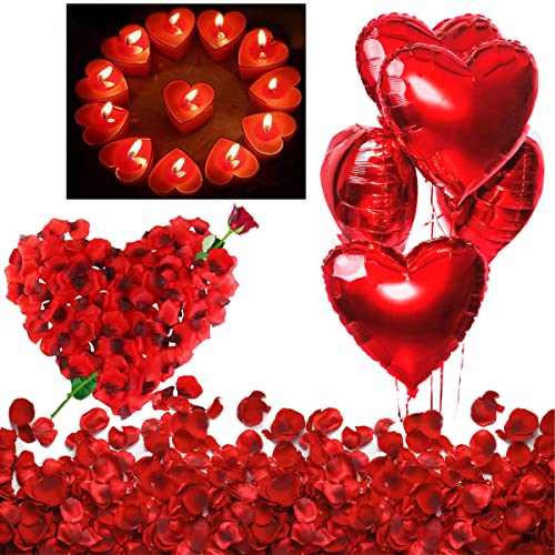 Kit Romántico de Velas y Pétalos. 50 Velas en Forma de Corazón + 1000 Pétalos de Rosa Roja de Seda + 5 Globos Corazón Rojo - Decoración para Bodas, San Valentín y Compromiso