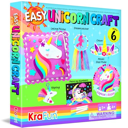 KRAFUN My First Unicorn Art & Craft Kit para niños principiantes, incluye 6 proyectos de animales, instrucciones y fieltro, papel para encaje, coser, colorear, atrapasueños, abalorio de mosaico
