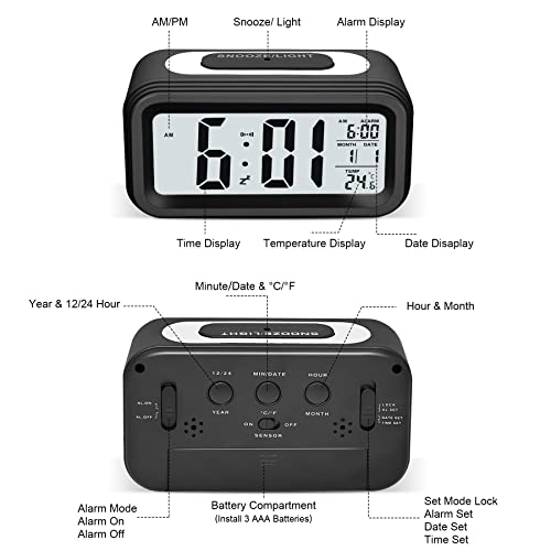 Larkumio Despertador Digital Pilas, Reloj Despertador Inteligente Alarm Clock Silencioso Sin Tic TAC con Luz, LED Despertador Infantil con Temperatura Fecha para Adultos Niño, Negro
