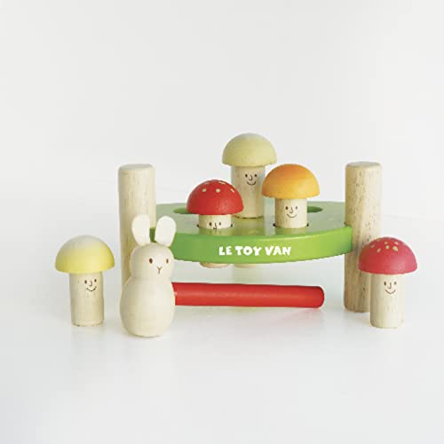 Le Toy Van - PL092 - Juego educativo con martillo de madera 1 año, Mr hongos, juguete montessori, incluye 5 clavijas con forma de hongo y un martillo de conejo, ecológico, Petilou