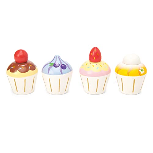 Le Toy Van - TV331 - Juego Educativo Pretend Cupcakes, Juguete para Niños, 2 Años, Set de 4 Muffins con Caja de Regalo, Juego Montessori, Madera Natural FSC y Colores al Agua