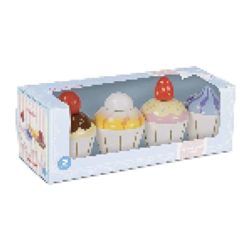 Le Toy Van - TV331 - Juego Educativo Pretend Cupcakes, Juguete para Niños, 2 Años, Set de 4 Muffins con Caja de Regalo, Juego Montessori, Madera Natural FSC y Colores al Agua