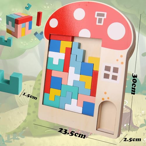 LEcylankEr Puzzle Tetris de Madera para Infantil, Rompecabezas de Tangram 3 en 1, Juguetes Montessori para 3-7 Años, Puzzle 3D Juguetes Educativos Regalos para Niños Niñas (Hongo)