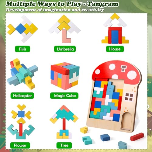 LEcylankEr Puzzle Tetris de Madera para Infantil, Rompecabezas de Tangram 3 en 1, Juguetes Montessori para 3-7 Años, Puzzle 3D Juguetes Educativos Regalos para Niños Niñas (Hongo)