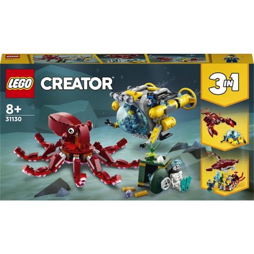 LEGO 31130 Creator 3 en 1 Misión del tesoro hundido elección de 3 animales gigantes en 1 juego, incluyendo pulpo, langosta, 2 minifiguras incluyendo una minifigura de esqueleto, 522 piezas 8+