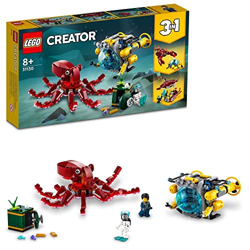 LEGO 31130 Creator 3 en 1 Misión del tesoro hundido elección de 3 animales gigantes en 1 juego, incluyendo pulpo, langosta, 2 minifiguras incluyendo una minifigura de esqueleto, 522 piezas 8+