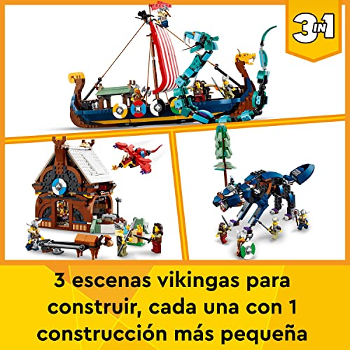 LEGO 31132 Creator 3en1 Barco Vikingo y Serpiente Midgard, Casa de Juguete o Lobo Fenris, Dragón, Regalos Mi Primera Comunión para Niños y Niñas