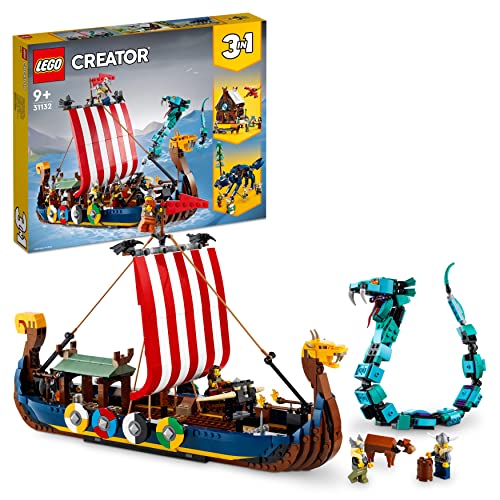 LEGO 31132 Creator 3en1 Barco Vikingo y Serpiente Midgard, Casa de Juguete o Lobo Fenris, Dragón, Regalos Mi Primera Comunión para Niños y Niñas