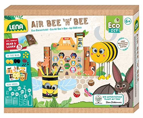 Lena 42832 Eco Air Bee'n'Bee - Juego de manualidades con abeja, portalápices y hotel de insectos de hojas de papel, artículos para el hogar, juego adhesivo para niños y niñas, manualidades de papel,