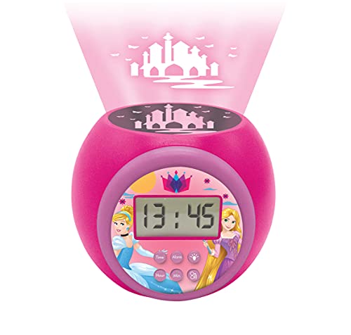 LEXIBOOK-RL977DP Lexibook Reloj despertador con proyector Disney Princesas con función de repetición y alarma, luz nocturna con temporizador, pantalla LCD, batería