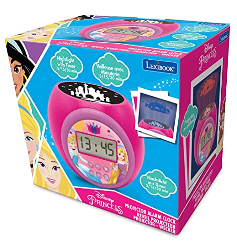 LEXIBOOK-RL977DP Lexibook Reloj despertador con proyector Disney Princesas con función de repetición y alarma, luz nocturna con temporizador, pantalla LCD, batería