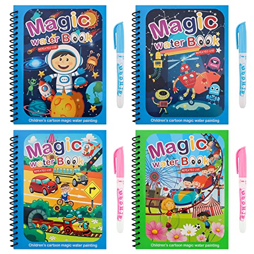 Libros para colorear al agua, 4 piezas de libros de pintura mágica para niños libro de rastreo para niños ibro de dibujo reutilizable y juego de bolígrafos para niños pequeños, niños, niñas, presente