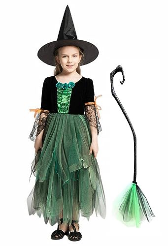 Licus Disfraz de bruja de Halloween para niñas, de cuento de hadas, carnaval, cosplay, vestido con sombrero y escoba, verde, 10-12 años