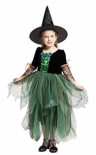 Licus Disfraz de bruja de Halloween para niñas, de cuento de hadas, carnaval, cosplay, vestido con sombrero y escoba, verde, 10-12 años