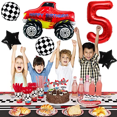 Liitata Juego de globos de carreras para coche de carreras 5 niños cumpleaños decoración número 5 globos rojos grandes coches carreras globos bandera estrella para jóvenes cumpleaños fiesta temática