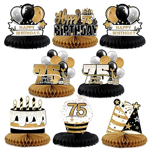LINGTEER Juego de centros de mesa de papel negro y dorado para 75 cumpleaños, 8 globos de estrella para tartas de 75 años, 75 años, decoración de regalo de fiesta de cumpleaños 75.