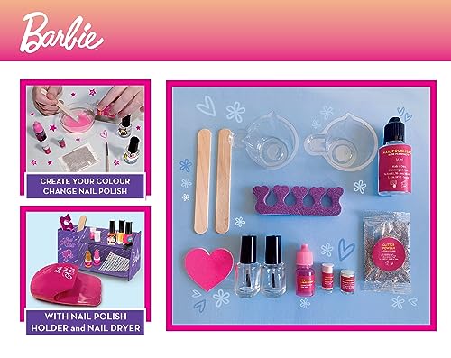 Lisciani - Barbie - Arte de las Uñas - Esmalte para Crear - Juego Creativo - Brillo y Brillo - Cambian de Color con la Luz del sol y Brillan en la Oscuridad - Para Chicas Mayores de 5 Años