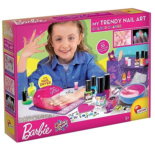 Lisciani - Barbie - Arte de las Uñas - Esmalte para Crear - Juego Creativo - Brillo y Brillo - Cambian de Color con la Luz del sol y Brillan en la Oscuridad - Para Chicas Mayores de 5 Años