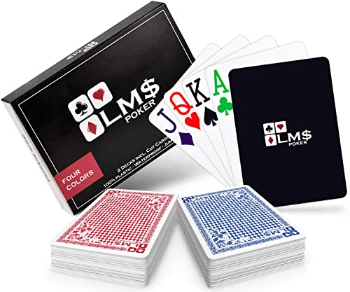 LM$ Cartas de póquer plásticas 4 Colores con Tarjeta de Corte incluida - [2 x] Juegos de 54 Cartas - Impermeable - Cartas de Juego Profesionales…