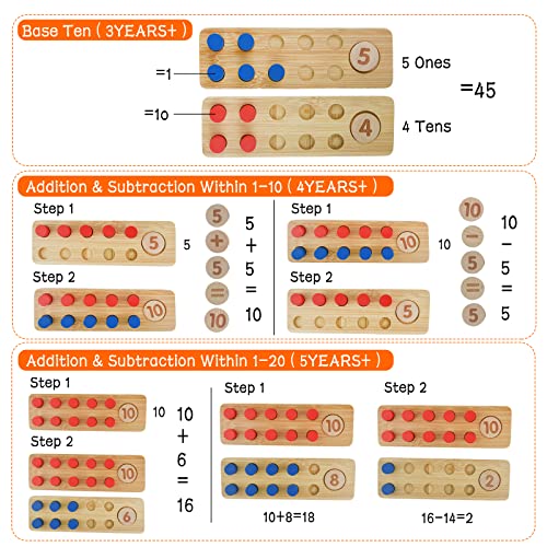Locisne Montessori Colourful Math Number Wood Board Preschool Toy, Educational Wooden Reading Blocks Board Improve Math Skills, 45 Accesorios, Plus Minus Equal Sign