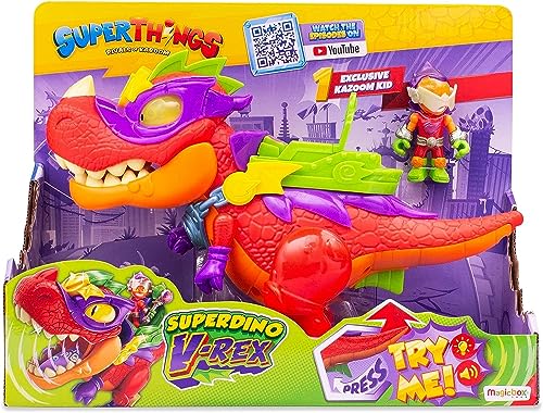 Lote Ahorro Superthings - Superdino V-Rex con sobres aleatorios y vehículos - 1 figura plateada o dorada y 1 cómic de regalo - Superthings mutant battle serie 12 (Lote Dino+10 sobres+Cómic)