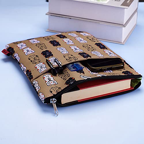 Lucky - Funda de libro de gato japonés para tapa blanda, tela lavable, fundas de libro con cremallera, tamaño mediano de 11 x 8.7 pulgadas, regalos para amantes de los libros