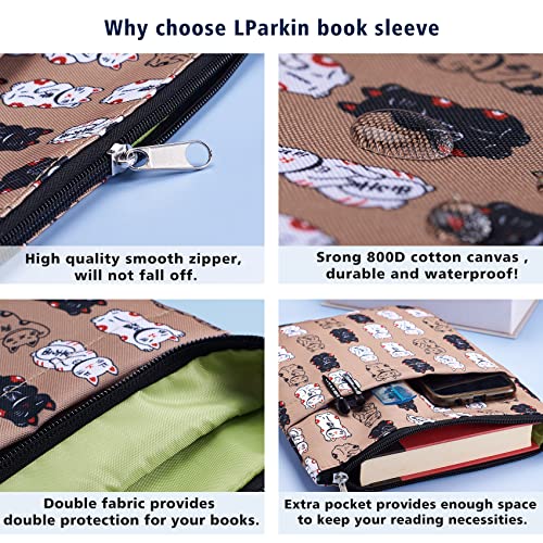 Lucky - Funda de libro de gato japonés para tapa blanda, tela lavable, fundas de libro con cremallera, tamaño mediano de 11 x 8.7 pulgadas, regalos para amantes de los libros