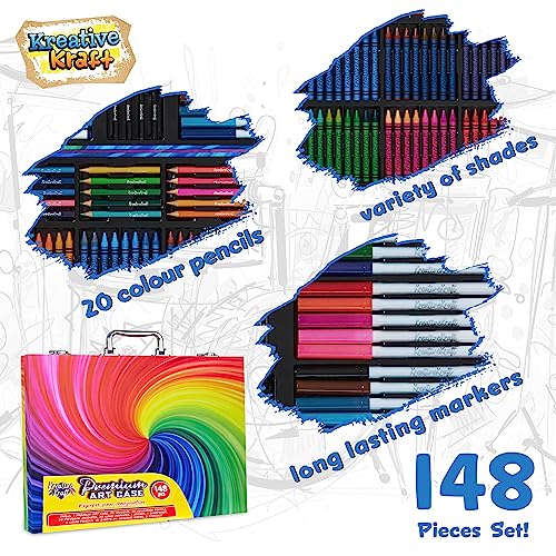 Maletin Pinturas para Niños Kit Dibujo Completo 148 Pzs con Material Escolar, Ceras de Colores, Lápices de Colores, Rotuladores, Pinturas