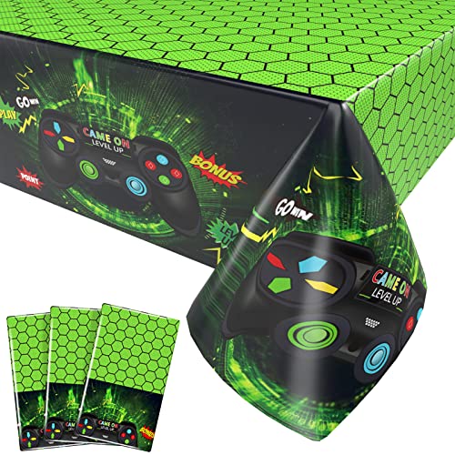 Mantel de videojuegos de 3 piezas, fundas de mesa verdes para fiestas temáticas de juegos, decoración de mesa de plástico desechable impresa para niños, jugadores, juegos geek, decoración de fiesta