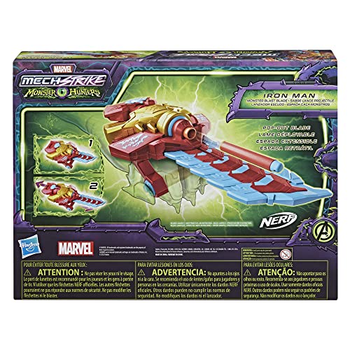 Marvel Avengers Mech Strike Monster Hunters Iron Man Monster Blast Blade Juguete con 3 dardos Nerf, juguetes para niños a partir de 5 años