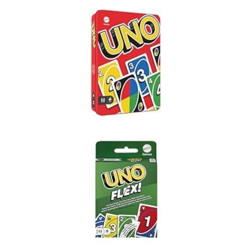 Mattel Games - Pack 2 Juegos de Mesa - UNO Juego en Lata (HGB63) + UNO Flex (HMY99) Juego de Cartas Familiar con 112 Cartas. Juego de Cartas con Cartas Que Permiten Cambiar el Color. +7 años