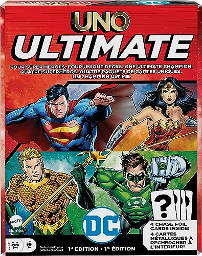 Mattel Games UNO Ultimate DC Juego de cartas con cartas coleccionables de aluminio, barajas temáticas de personajes y reglas especiales