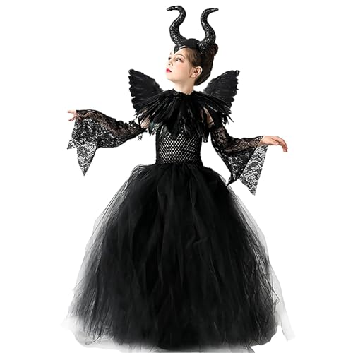 MAXHJX Disfraz Maléfica para Niñas, Bruja Negra Halloween Juegos de rol Vestidos con Cuernos Diadema Alas de ángel Cuento de Hadas Princesa Carnaval Cospaly Trajes de Fiesta (XL 135-155 cm)