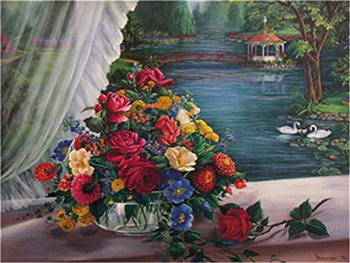 Meecaa Paint by Numbers Rose Flower Duck Bridge Kit de paisaje para adultos principiante DIY pintura al óleo 16 x 20 pulgadas (rosa, sin marco)
