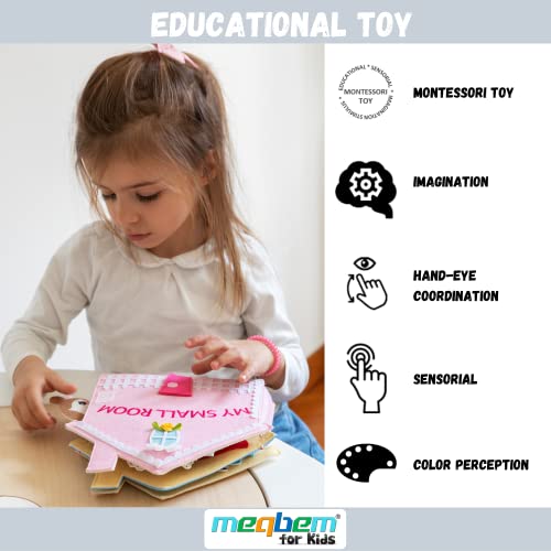 meqbem® Quiet Book | Libro de Tela Sensorial Educativo | Juguete Montessori de Desarrollo para Bebé y Niños | No Tóxico con Certificado CE (My Small Room)