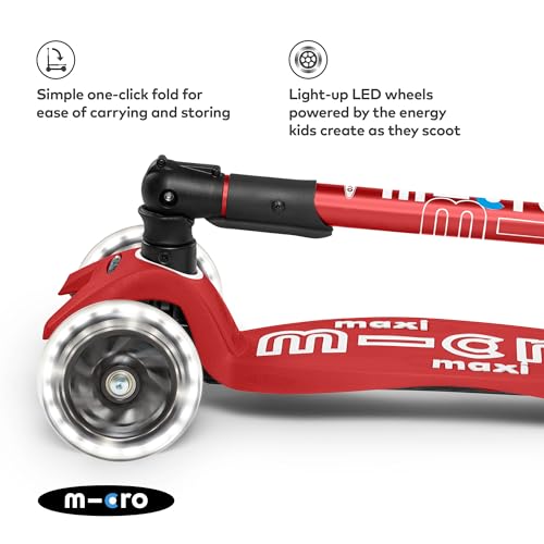 Micro® Maxi Deluxe Plegable LED, Patinete 3 Ruedas, 5-12 Años, Peso 2,5kg, Carga Máx 70Kg, Altura 67-91 cm, Plataforma Antideslizante Polipropileno (Flexible, Alta Resistencia) (Rojo)