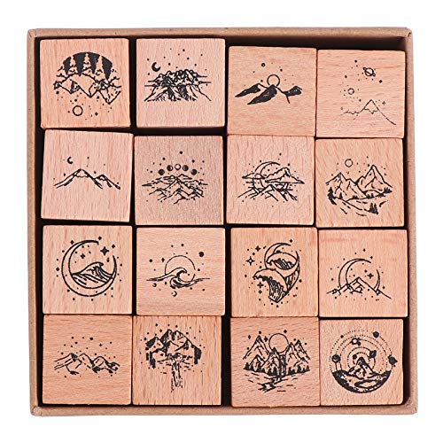 MILISTEN 16 sellos de madera vintage de goma de la luna estrella de montaña río sellos decorativos de madera para hacer manualidades