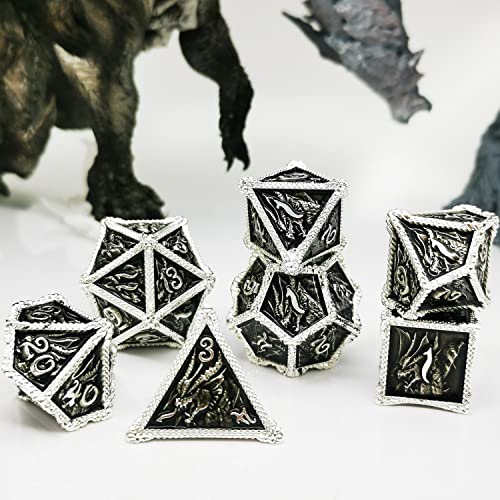 MJDICEOK Juego de dados de dragón de metal DND 7 juego de dados Dados D&D mazmorras y dragones (plata negro)