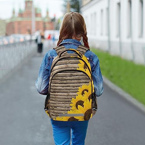Mnsruu Mochilas de madera con diseño de girasoles amarillos sobre valla vieja para niños, mochila escolar, estudiantes, niños, niñas, mochila de viaje primaria, mochila para laptop, marrón,