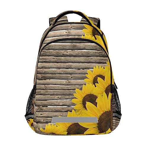 Mnsruu Mochilas de madera con diseño de girasoles amarillos sobre valla vieja para niños, mochila escolar, estudiantes, niños, niñas, mochila de viaje primaria, mochila para laptop, marrón,