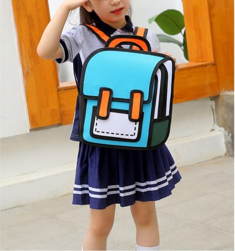 Mochila escolar Kawaii lindo 3D de dibujos animados Bookbag escuela de regreso a la escuela suministros Daypack estética 2D dibujo bolsa de lona, Azul / Patchwork, L, Clásico