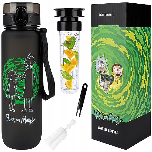 MOMO WAY DC Comics Rick and Morty Botella de Agua en Tritan 1 Litro, Reutilizable Botella deportiva sin BPA con Inserto de fruta para Niños, Gimnasio, Oficina, Colegio, Yoga