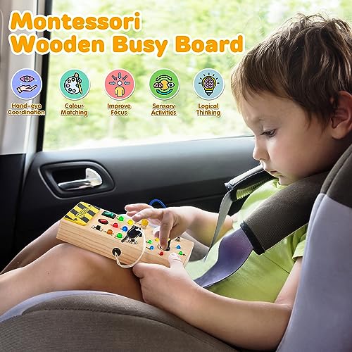 Montessori Busy Board, Tablero de Actividades con 15 Luz LED e 8 Interruptor, Juegos de Madera Niños de 1 2 3 año Juguetes de Viaje Juguete Educativo Sensorial para Bebés 1 2 3 4 5 Años Regalo