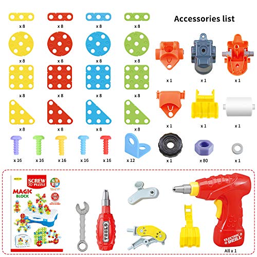 Montessori Mosaico Juguete Taladro 325 Pcs Puzzle 3D Juguetes, Desmontar Juguetes Educativos de Bloques de Construcción Taladro de Juguetes para Niños