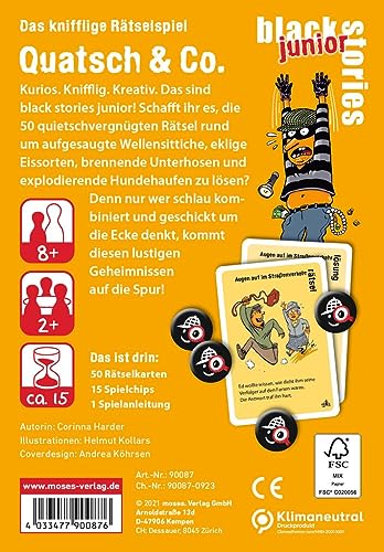 moses 90087 Black Stories Junior Quatsch & Co. -50 - Juego de Cartas con diseño de Puzzle para niños a Partir de 8 años, Color Amarillo