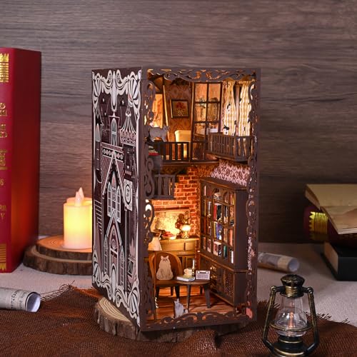 MUNDRI Kit de rincón de libros DIY – Sujetalibros de casa de muñecas en miniatura con luz LED, rompecabezas 3D de madera, decoración de estantería, kits de modelo para adultos, tu propia casa de
